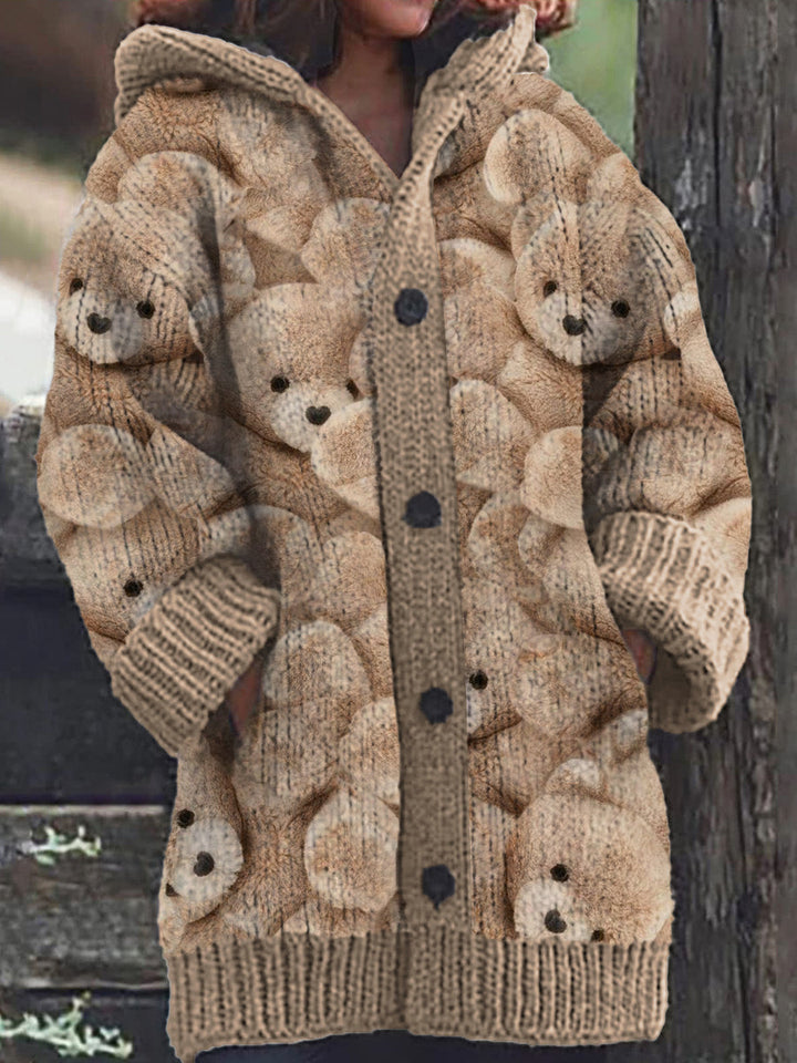 Cute Bear Animal Pattern Warm Casual Button Hooded Cardigan for Women