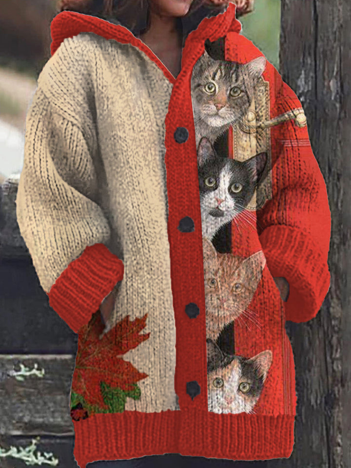 Casual Hooded Cat Pattern Cardigan for Women