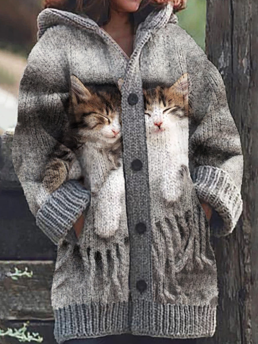 Casual Hooded Cardigan with Two Cats for Women