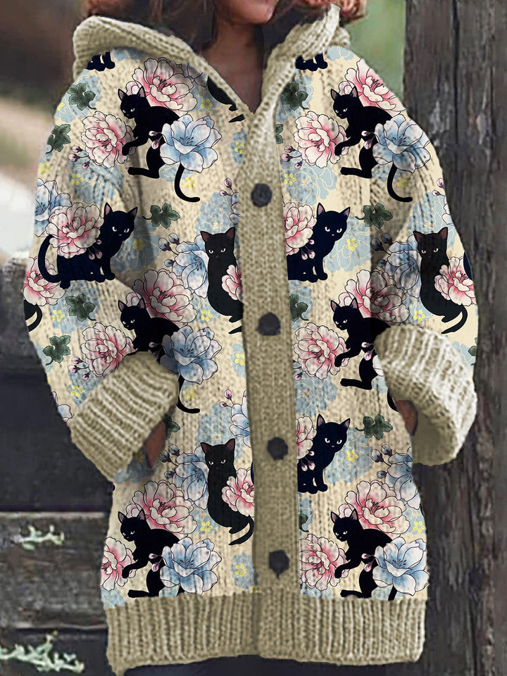 Comfortable Casual Knitted Hooded Cardigan with Black Cat Floral Pattern for Women