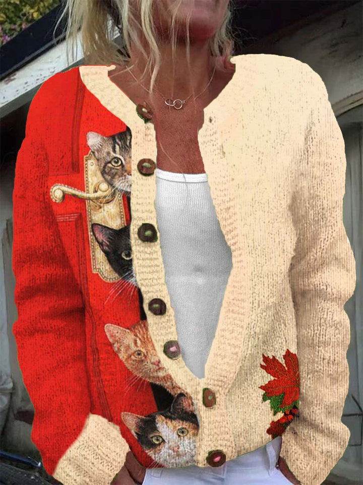 Knitted cardigan with fun cat pattern for women