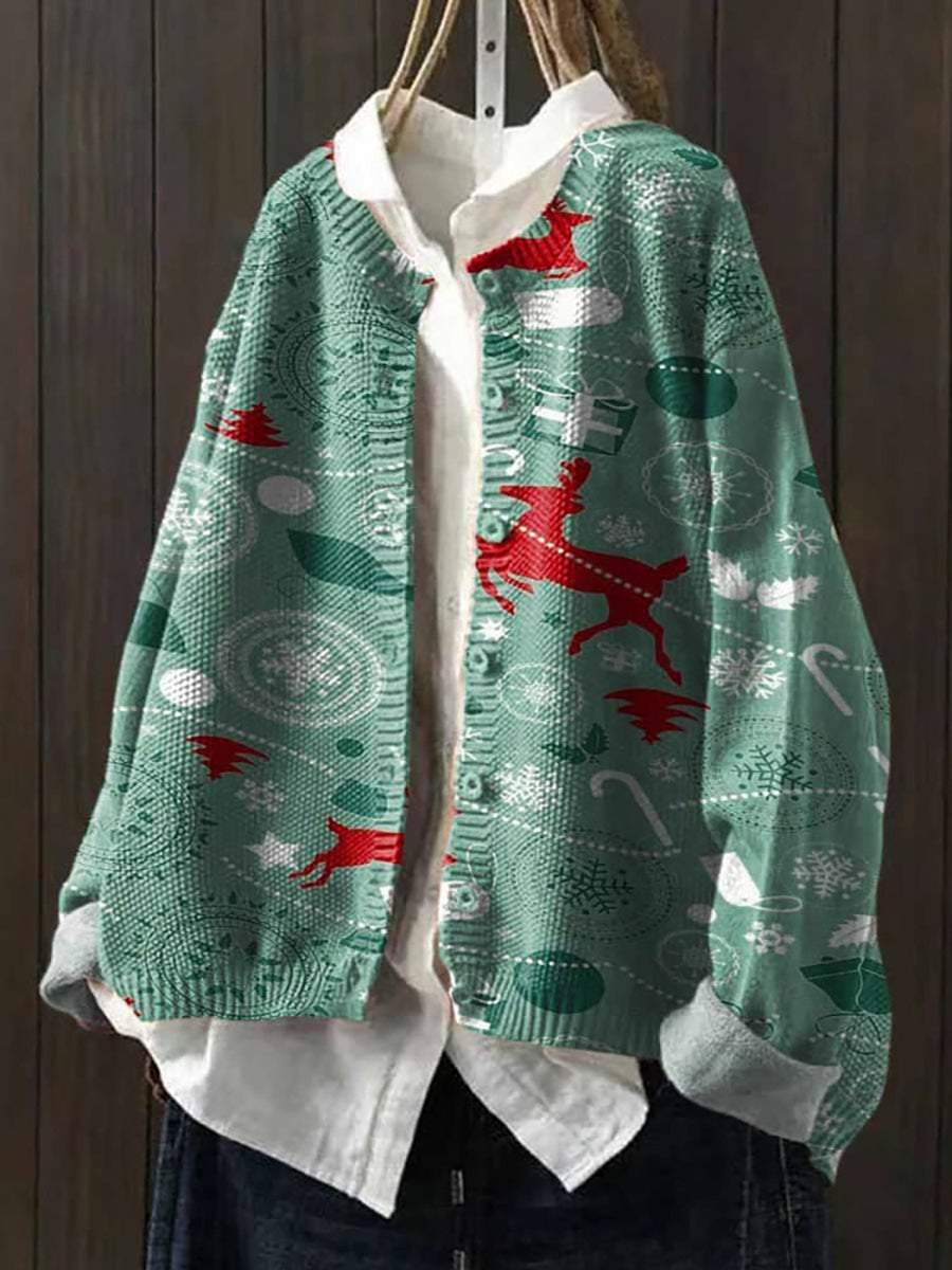 Elegant Women's Christmas Art Print V-Neck Long Sleeve Button Cardigan Sweater