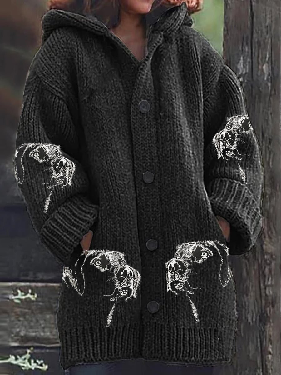 Retro Embroidered Dog Print Thick Button Long Sleeve Hooded Cardigan