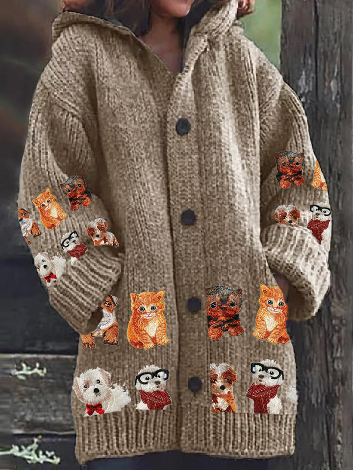 Printed Cat Button Thick Retro Long Sleeve Hooded Cardigan