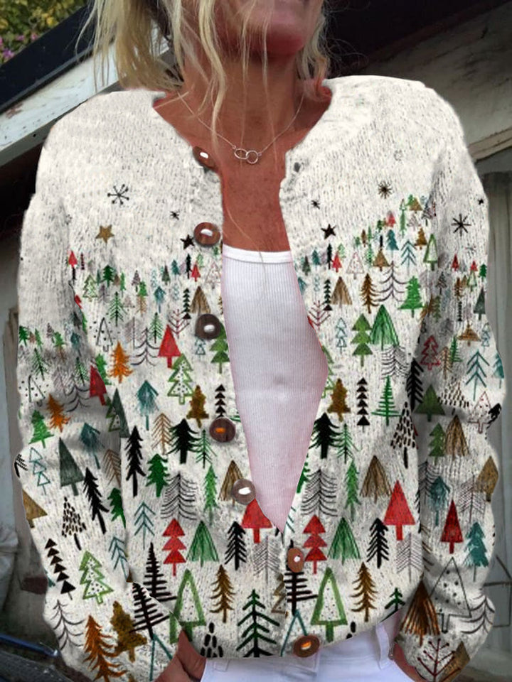 Elegant Women's Fashion Christmas Tree Art Print Round Neck Long Sleeve Button Cardigan Sweater