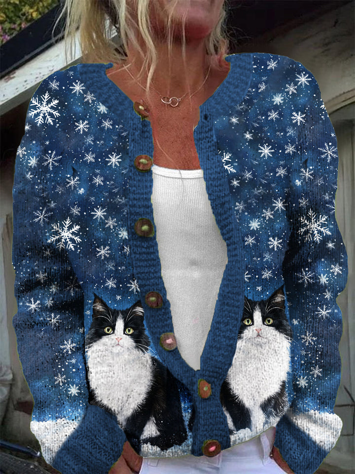 Casual snowflake cat print knitted cardigan for women