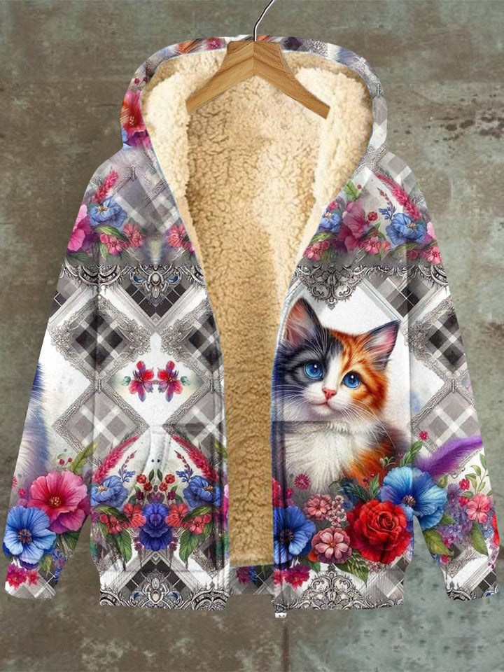 Plaid women's floral cat pattern hooded zip pocket fleece sweatshirt jacket