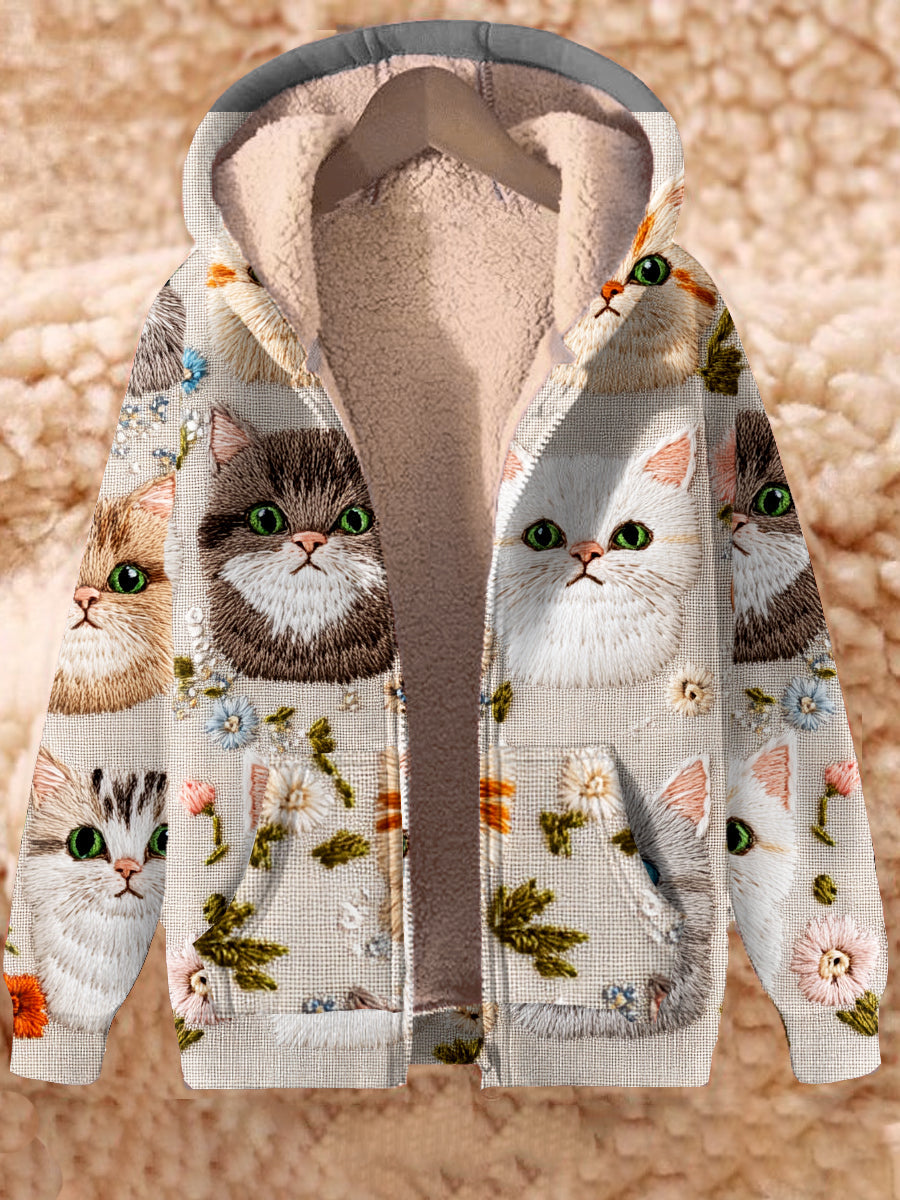 Loose long-sleeve jacket with retro cat art print