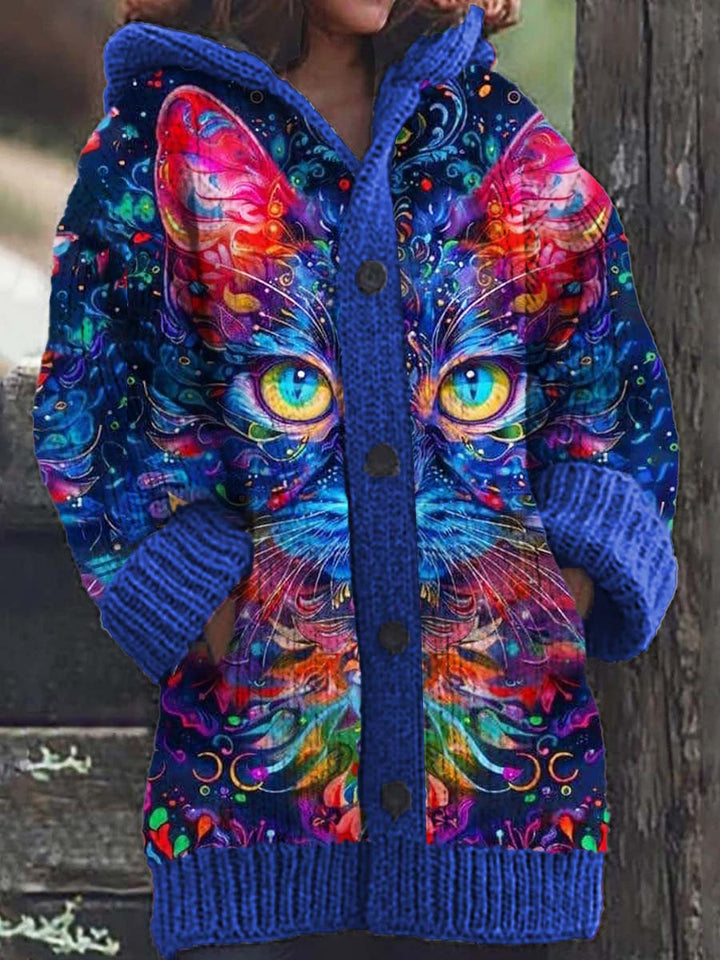 Casual Comfortable Women's Cat Pattern Knitted Hoodie Cardigan