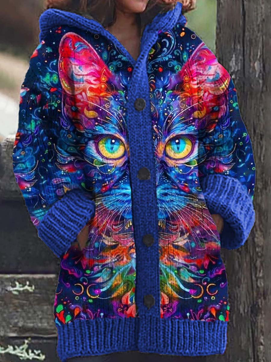 Casual Comfortable Women's Cat Pattern Knitted Hoodie Cardigan