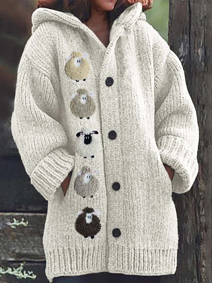 Casual Comfortable Knitted Hooded Cardigan with Solid Sheep Pattern for Women