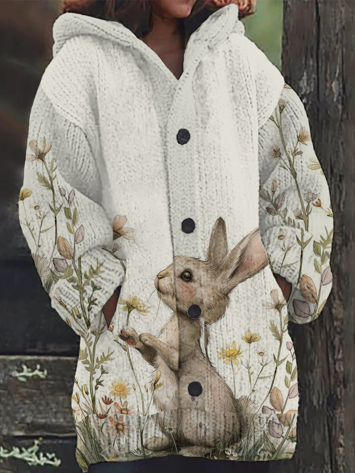 Elegant Women's Fashion Animal Art Bunny Print Thick Button Long Sleeve Hooded Cardigan