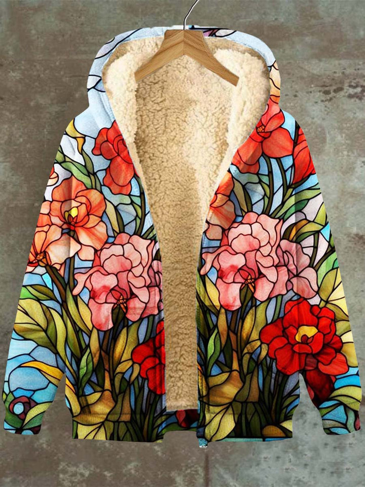 Retro Floral Glass Pattern Casual Hooded Pocket Zip Fleece Sweatshirt Women's Jacket