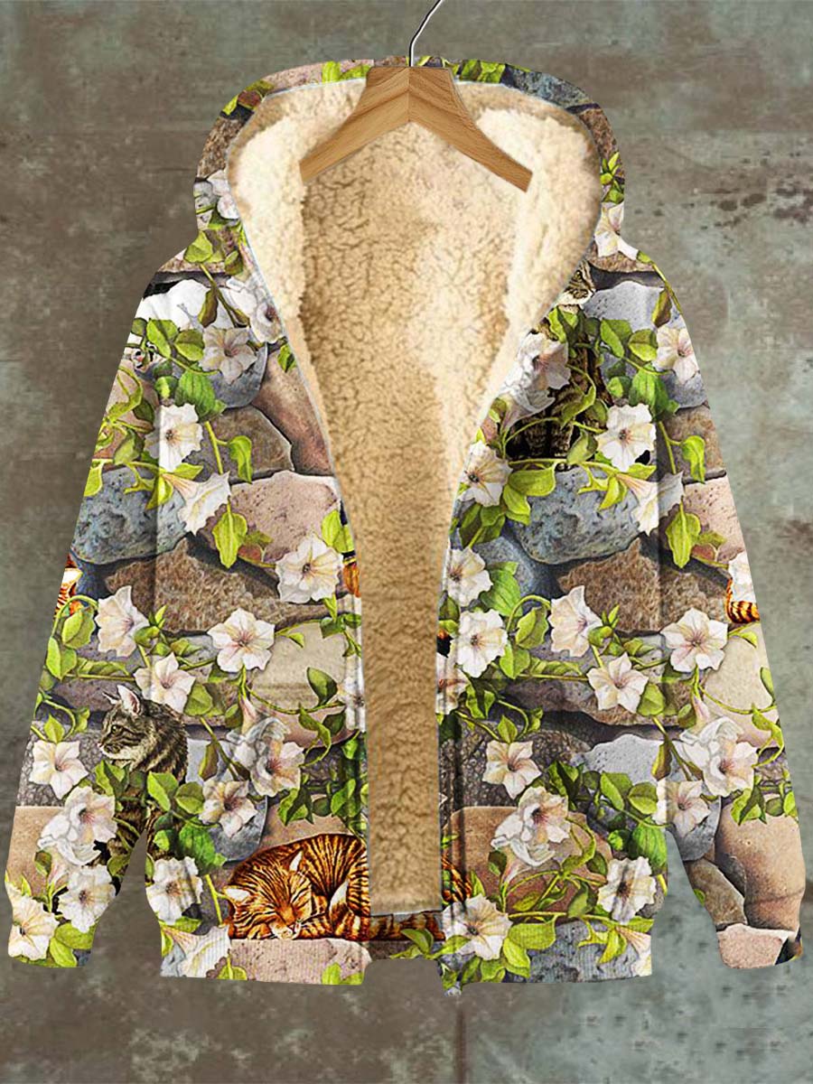 Floral Cat Motif Casual Zip Pocket Fleece Sweatshirt Jacket