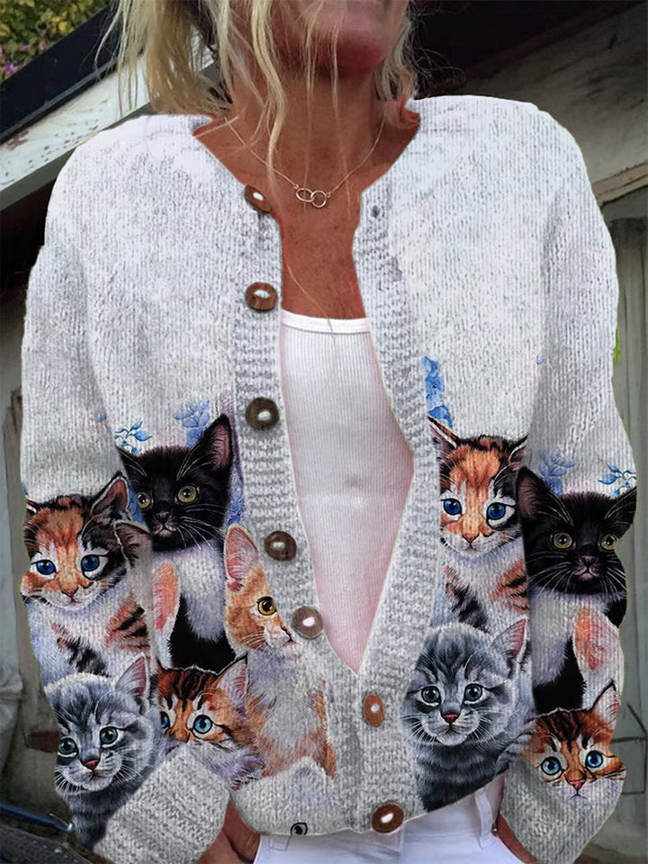 Elegant Vintage Cat Art Print Chic Thick Button Long Sleeve Cardigan Sweater