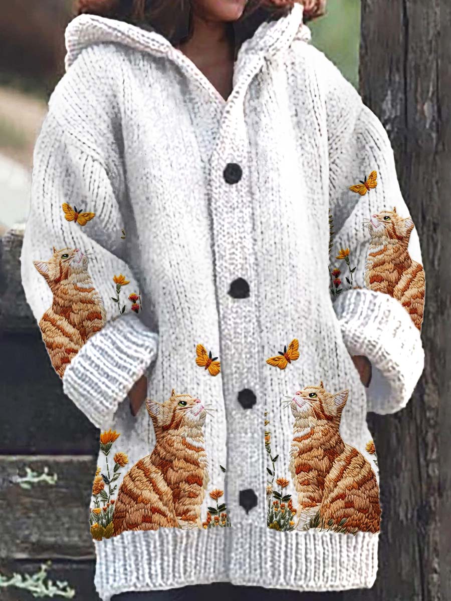 Casual warm knitted hooded cardigan with floral cat pattern for women